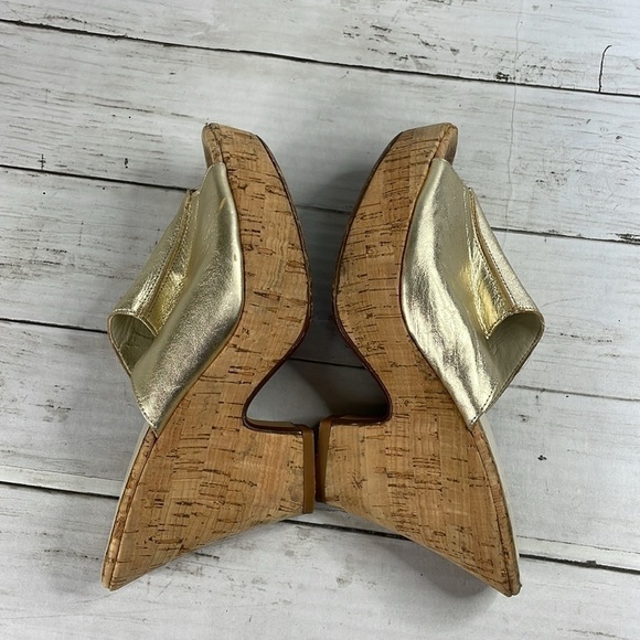 DEE KELLER gold Leather Cork Heel Wedge Platform Mule Sandals - Picture 6 of 14